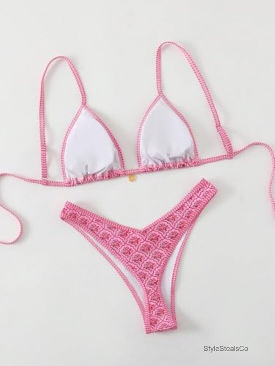 Women's Floral Triangle Bikini Set Tie Back High Cut Swimwear - Picture 2 of 6